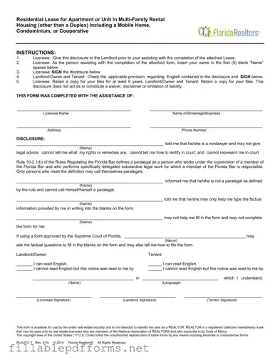 Florida Realtors Residential Lease PDF Template