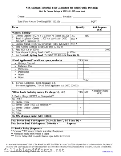 LADBS NEC Standard Electrical Load Calculation PDF Template