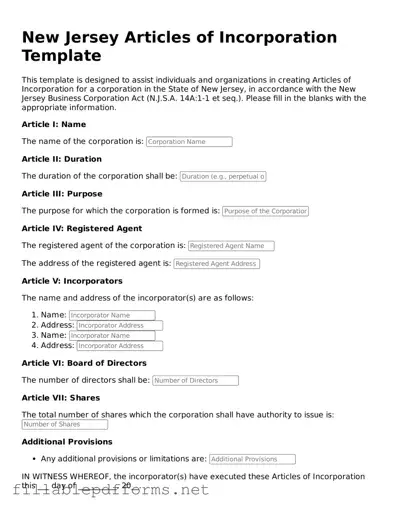 Attorney-Verified Articles of Incorporation Form for New Jersey State