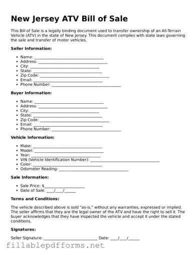 Attorney-Verified ATV Bill of Sale Form for New Jersey State