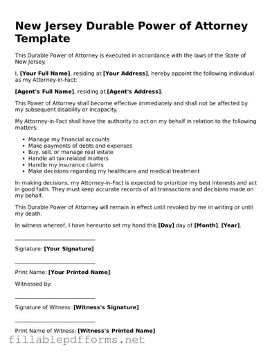 Attorney-Verified Durable Power of Attorney Form for New Jersey State