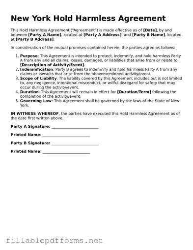 Attorney-Verified Hold Harmless Agreement Form for New York State