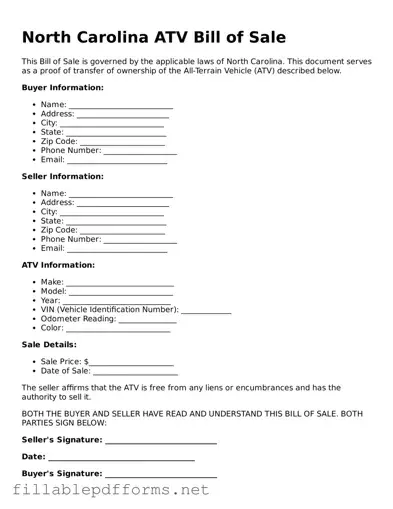 Attorney-Verified ATV Bill of Sale Form for North Carolina State