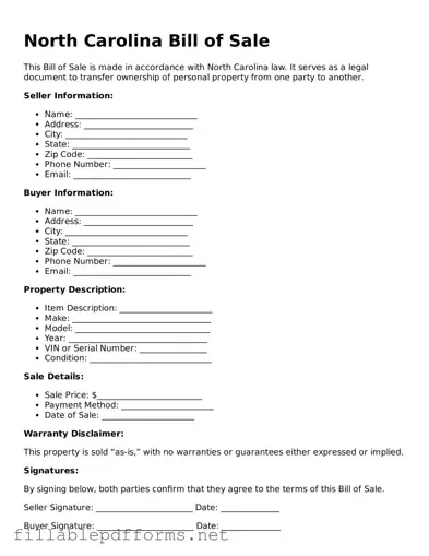 Attorney-Verified Bill of Sale Form for North Carolina State