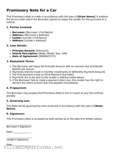 Blank Promissory Note for a Car Template