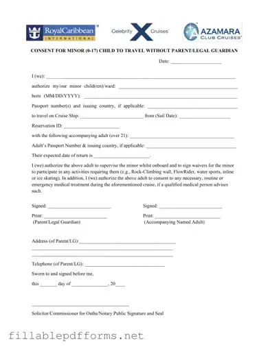 Royal Caribbean Parental Consent PDF Template