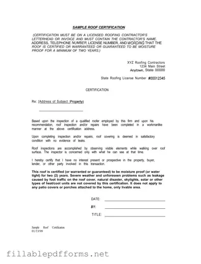 Sample Roof Certification PDF Template