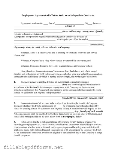 Tattoo Shop Artist Agreement PDF Template