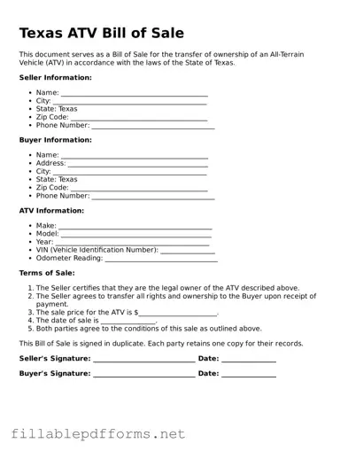 Attorney-Verified ATV Bill of Sale Form for Texas State