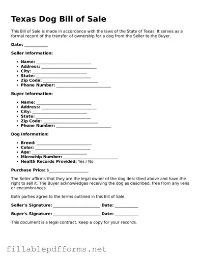 Attorney-Verified Dog Bill of Sale Form for Texas State