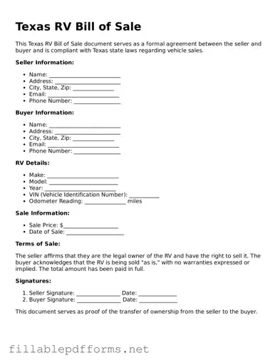 Attorney-Verified RV Bill of Sale Form for Texas State
