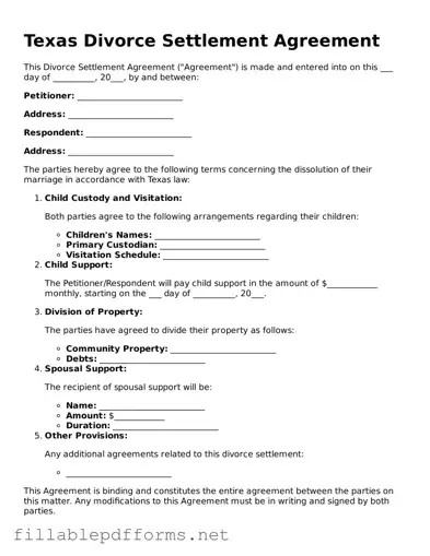Attorney-Verified Divorce Settlement Agreement Form for Texas State