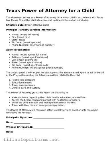 Attorney-Verified Power of Attorney for a Child Form for Texas State