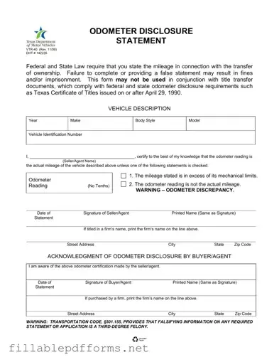 Texas Odometer Statement PDF Template