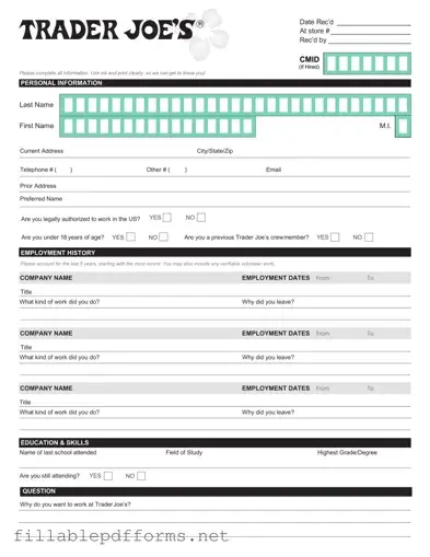 Trader Joe's application PDF Template