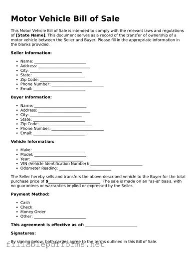 Blank Motor Vehicle Bill of Sale Template