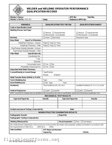 Welder Performance Qualification Record PDF Template