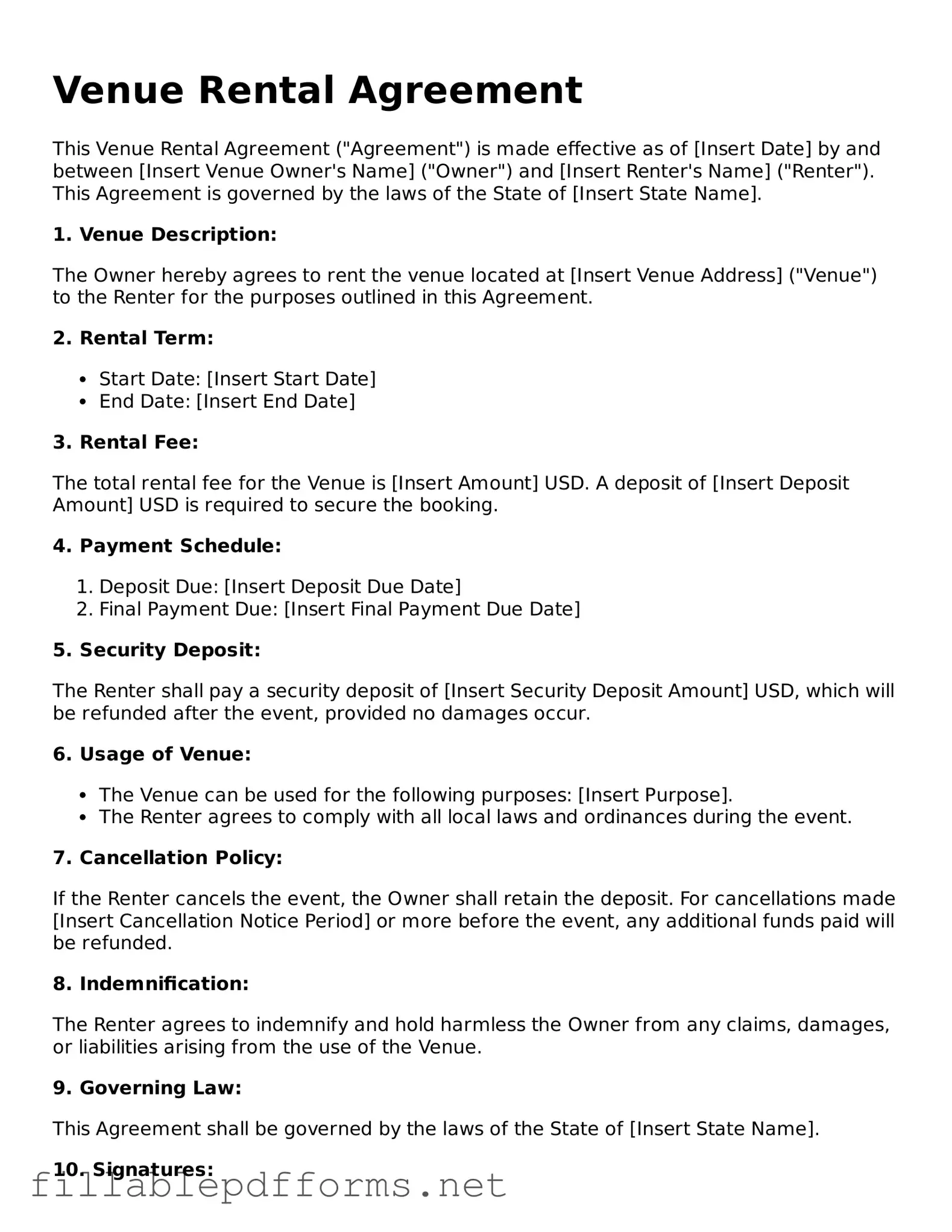 Blank Venue Rental Agreement Template