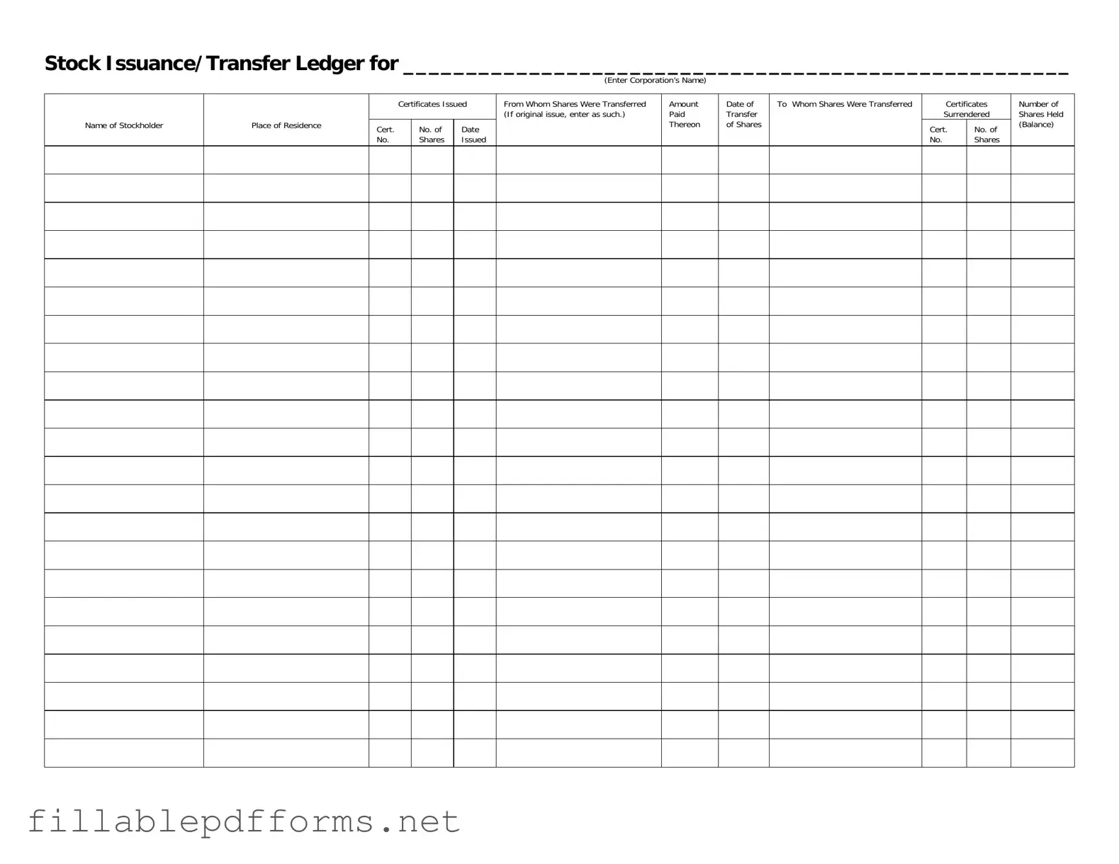 Stock Transfer Ledger PDF Template
