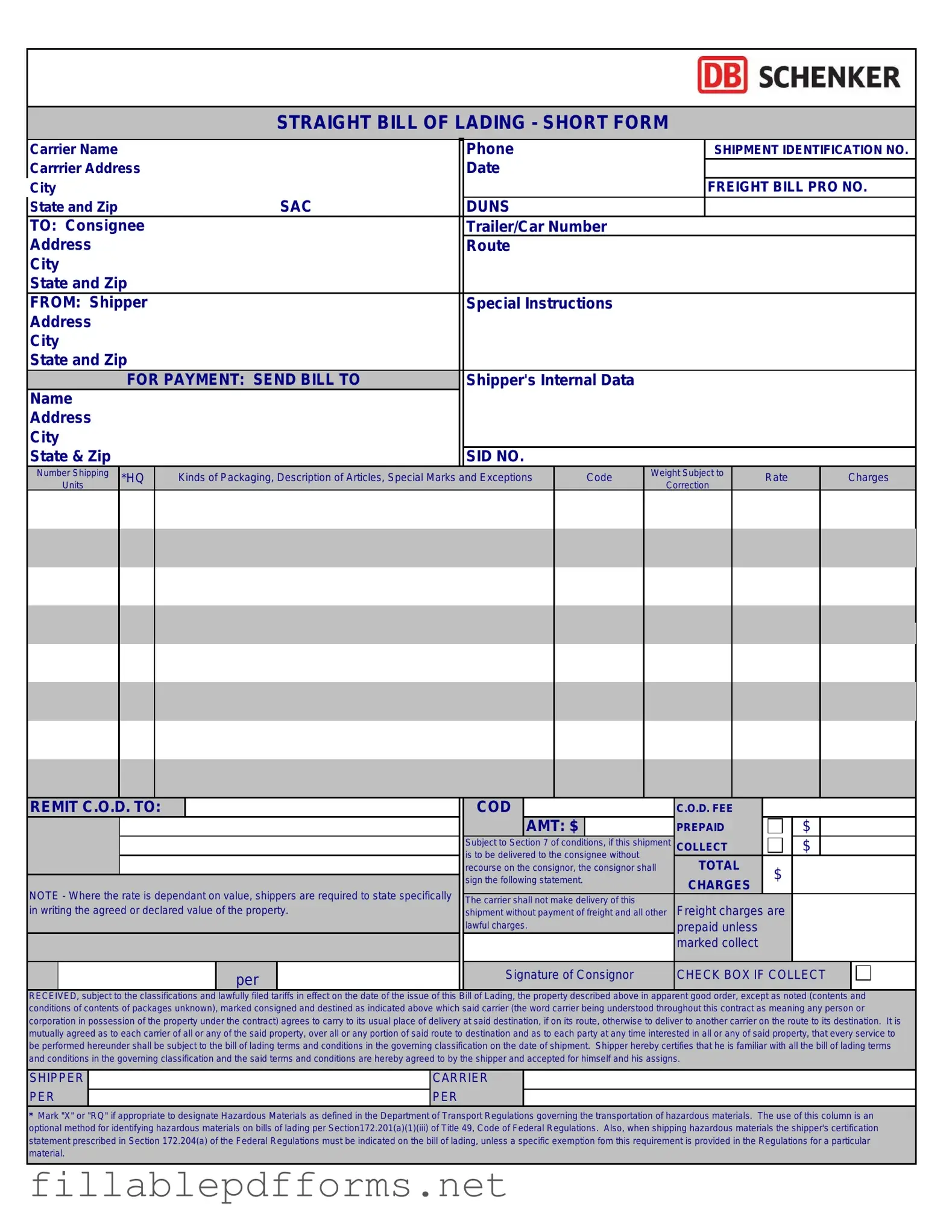 Straight Bill Of Lading PDF Template