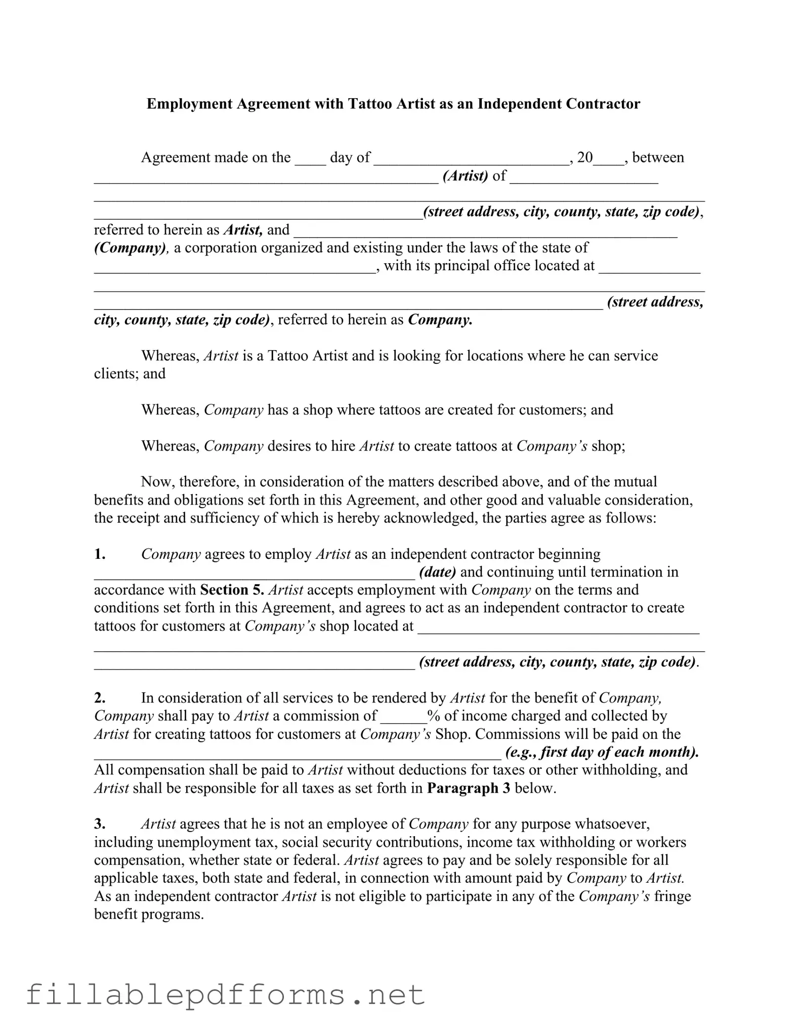 Tattoo Shop Artist Agreement PDF Template