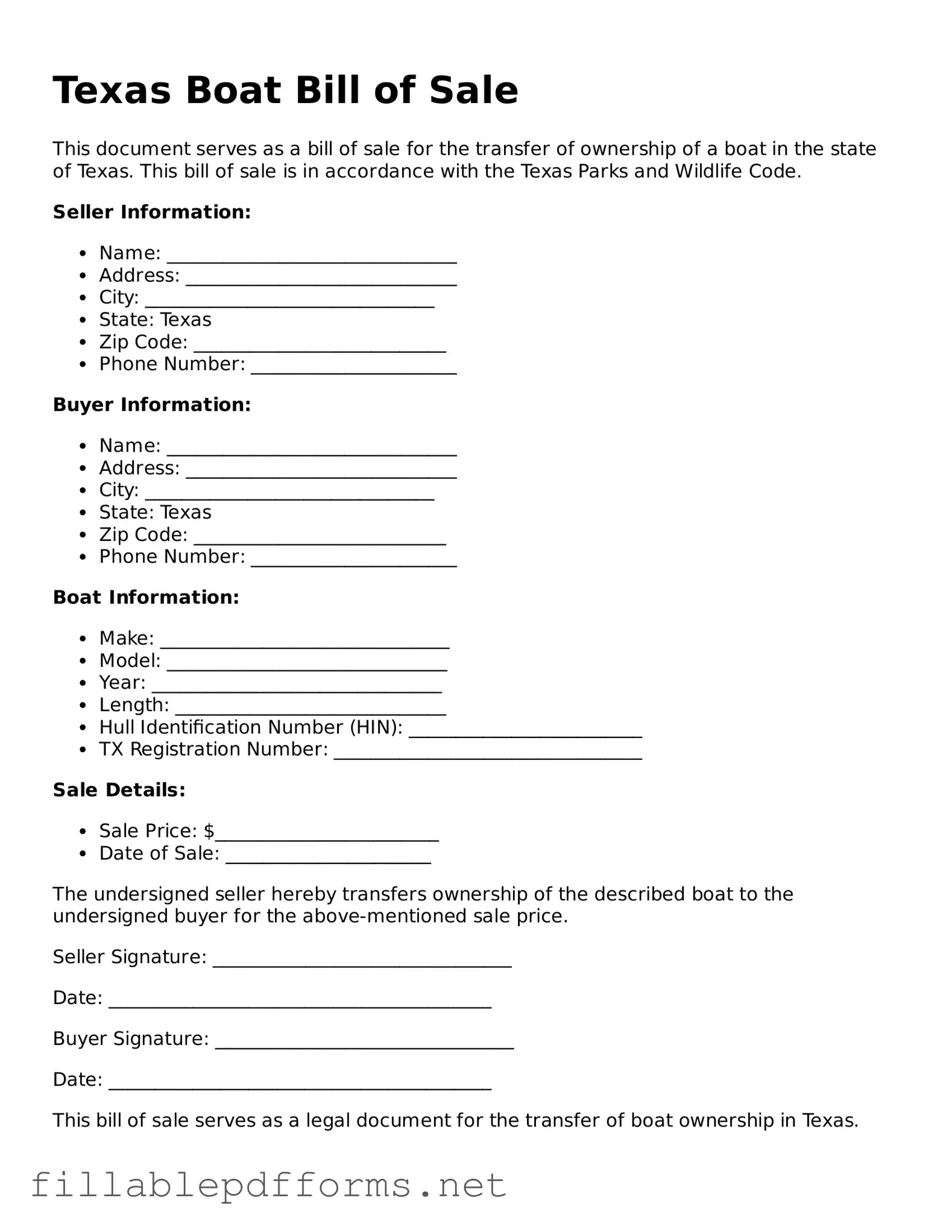 Attorney-Verified Boat Bill of Sale Form for Texas State