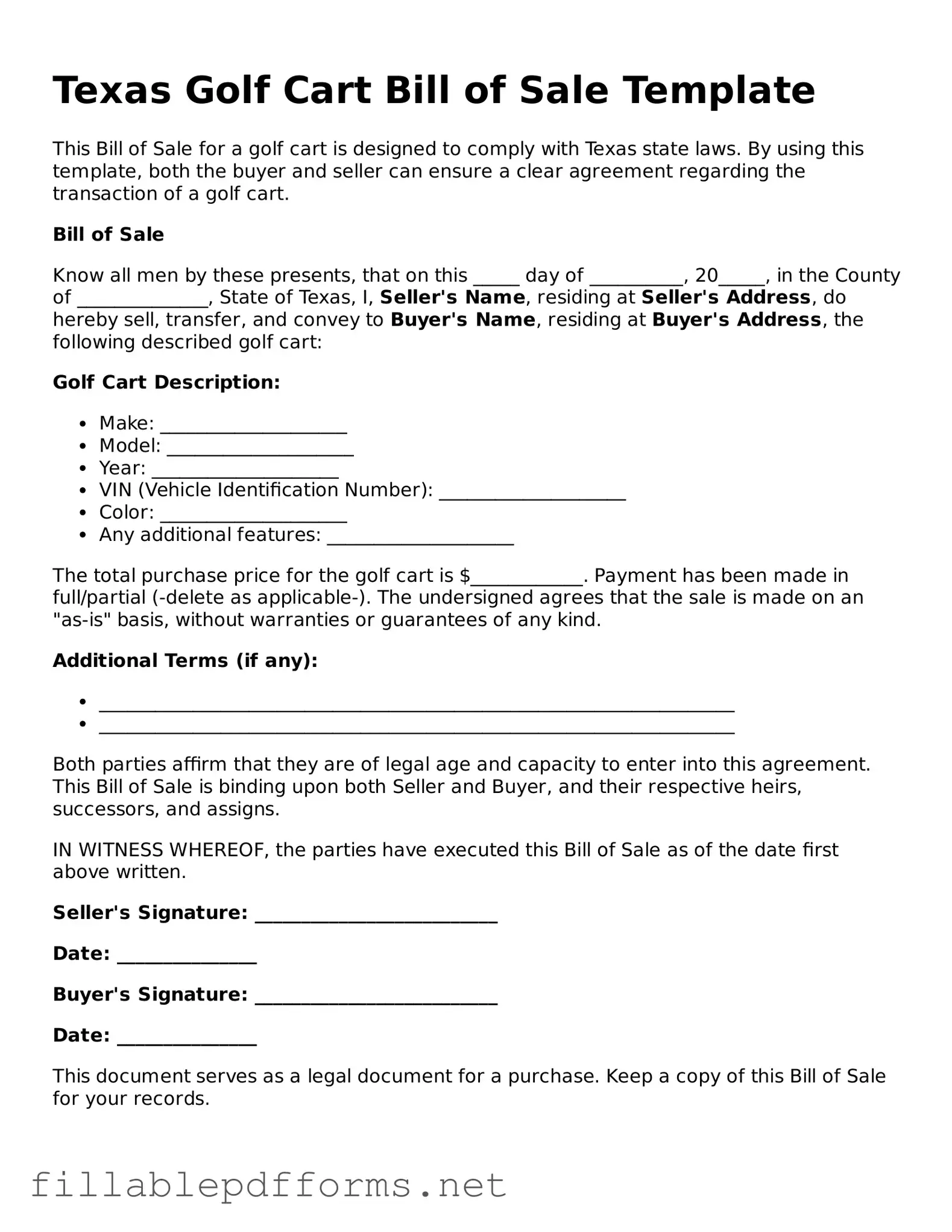 Attorney-Verified Golf Cart Bill of Sale Form for Texas State