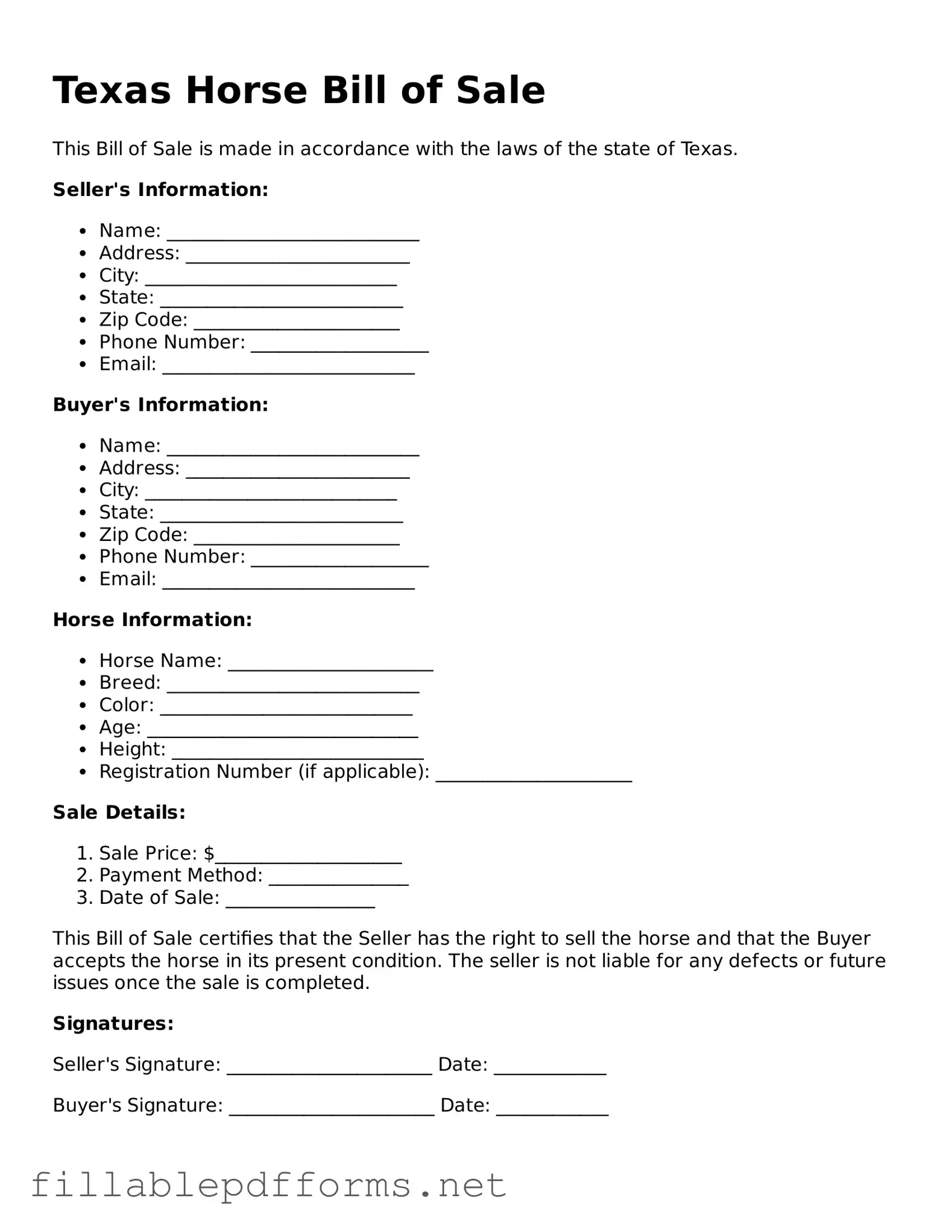Attorney-Verified Horse Bill of Sale Form for Texas State