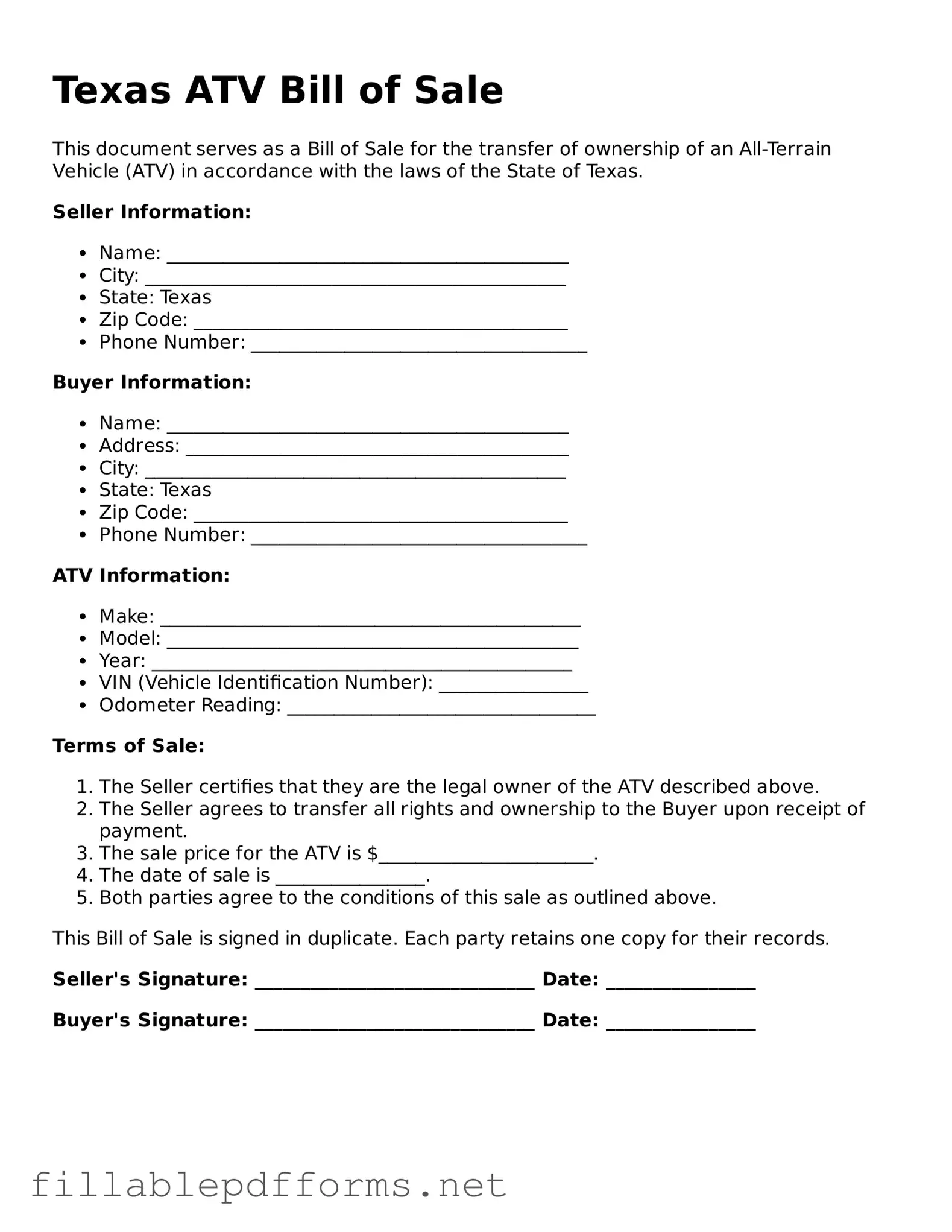 Attorney-Verified ATV Bill of Sale Form for Texas State