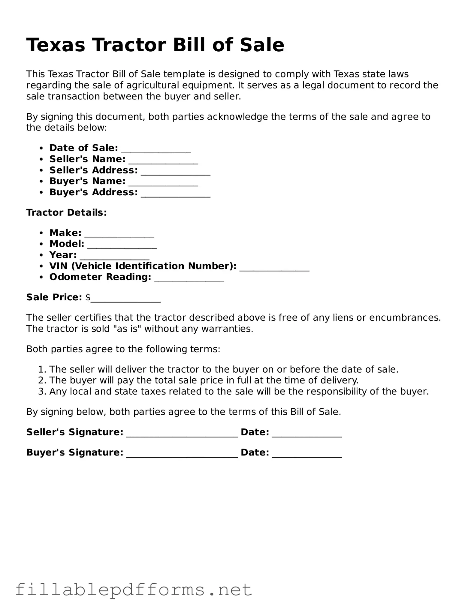 Attorney-Verified Tractor Bill of Sale Form for Texas State