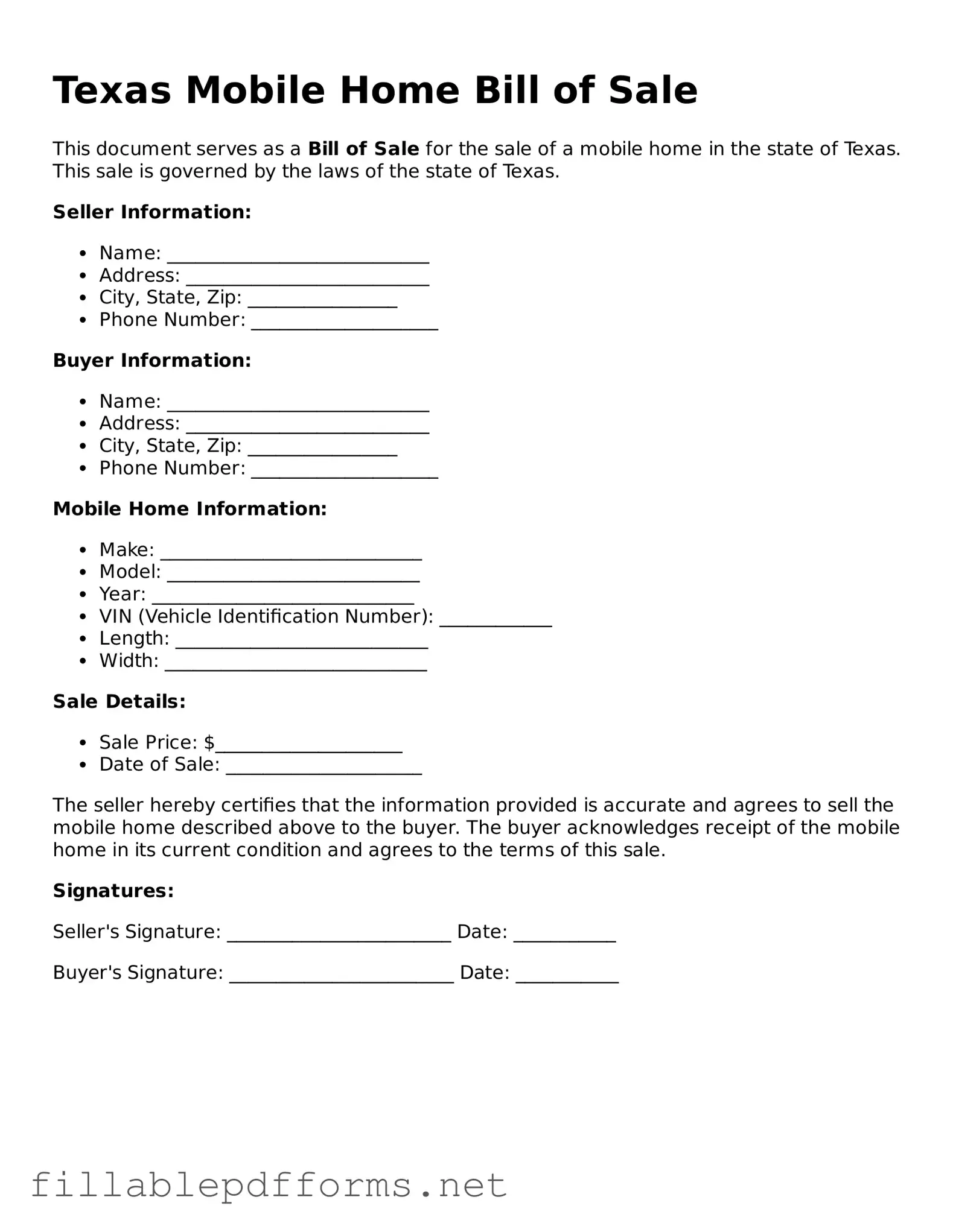 Attorney-Verified Mobile Home Bill of Sale Form for Texas State