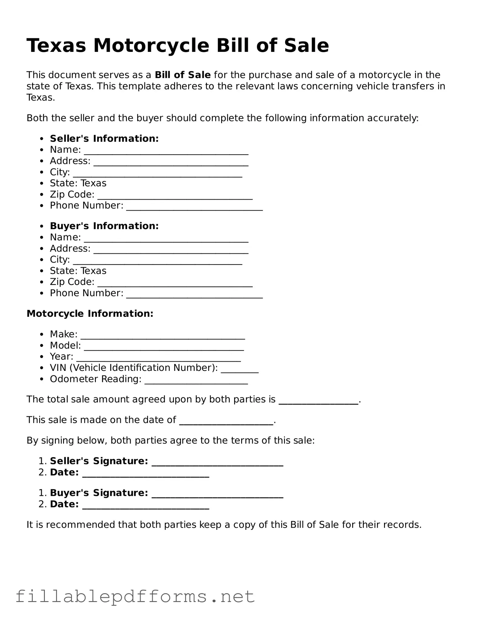 Attorney-Verified Motorcycle Bill of Sale Form for Texas State