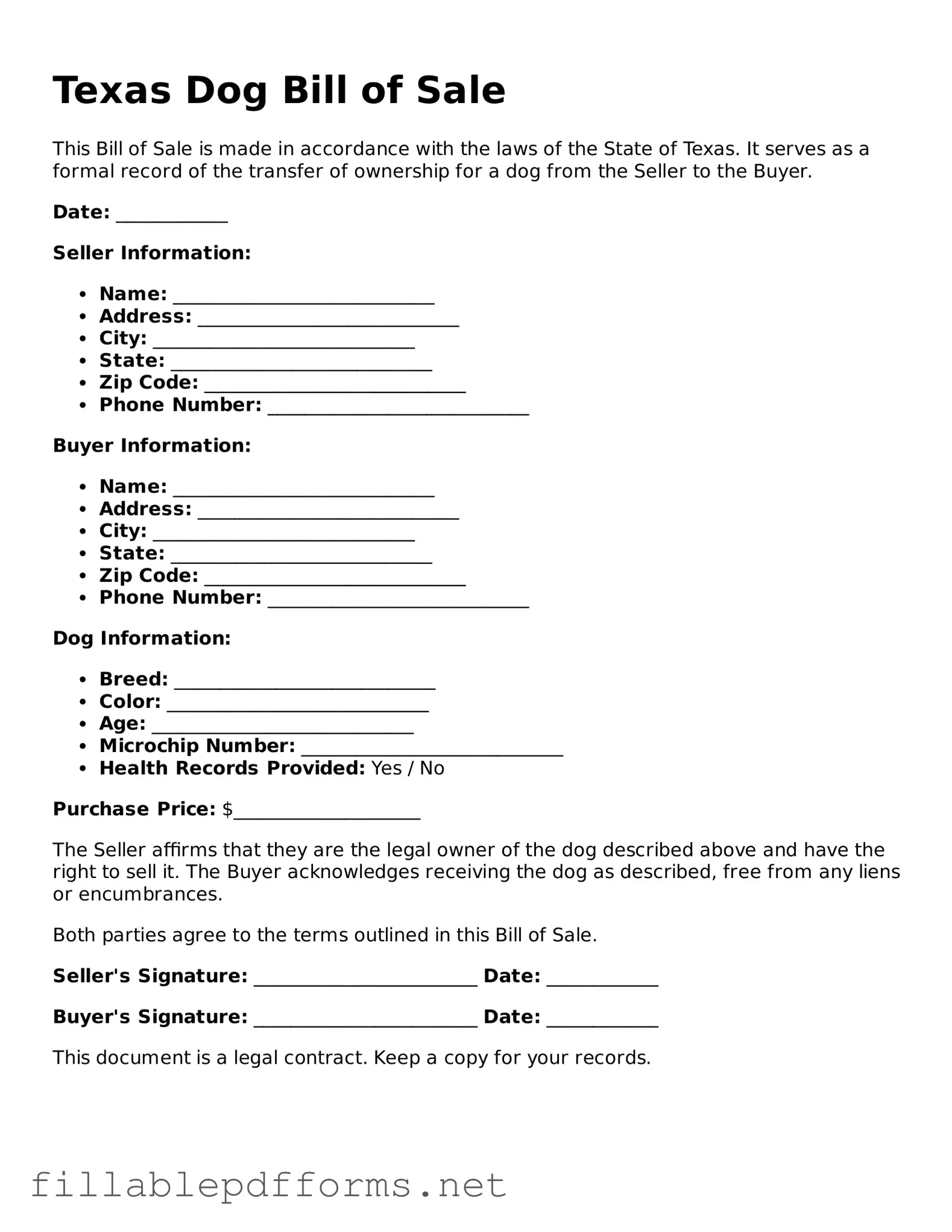 Attorney-Verified Dog Bill of Sale Form for Texas State