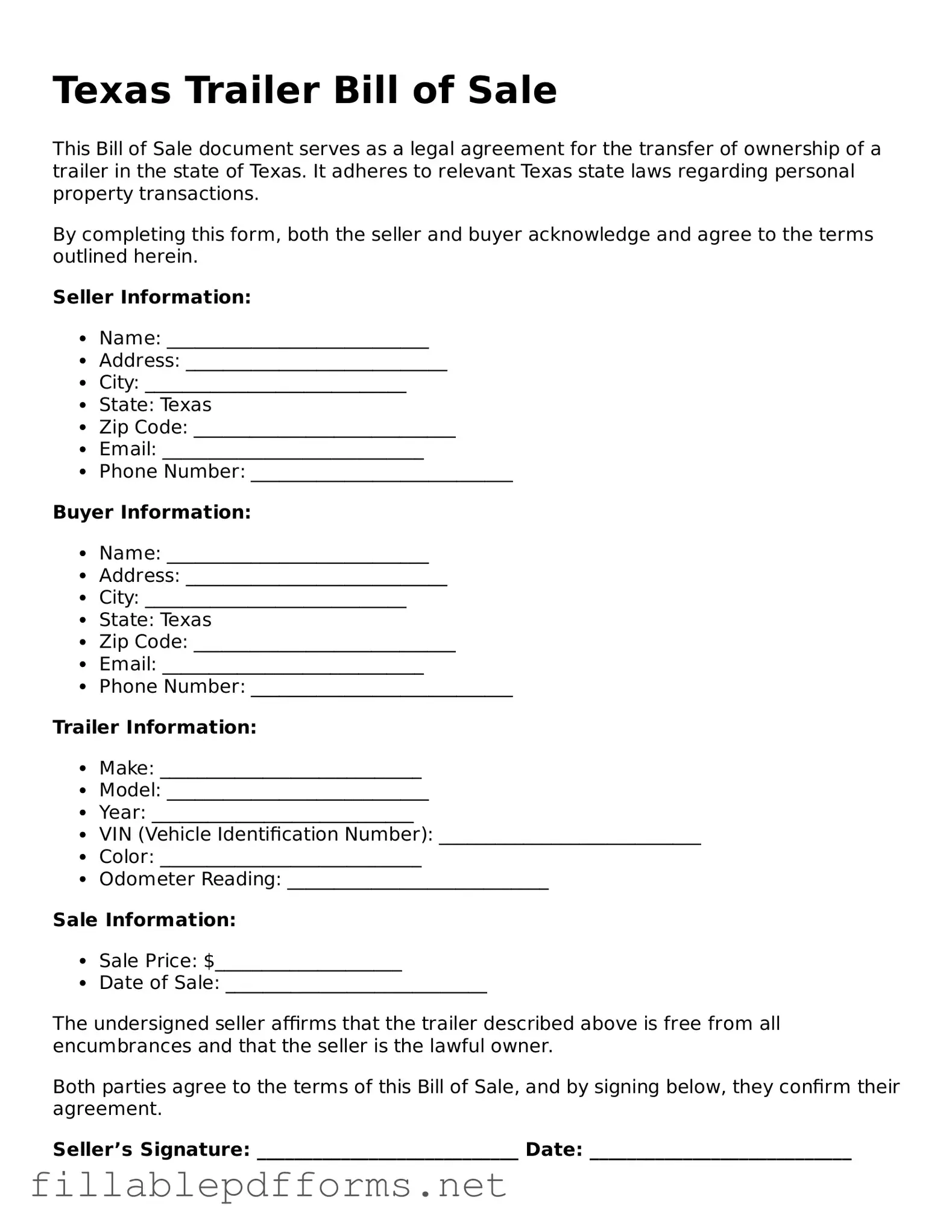 Attorney-Verified Trailer Bill of Sale Form for Texas State