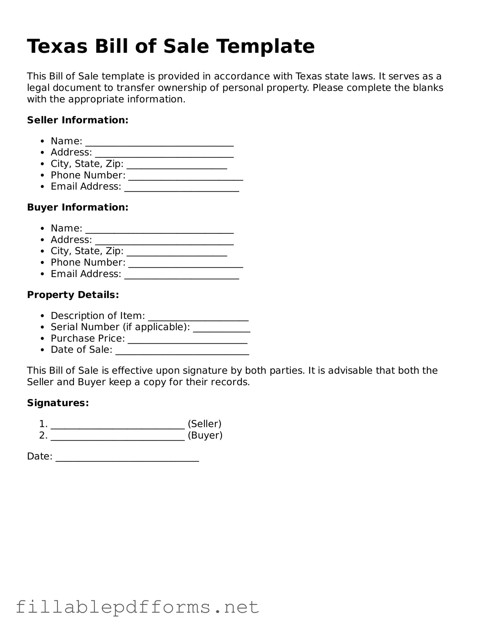 Attorney-Verified Bill of Sale Form for Texas State