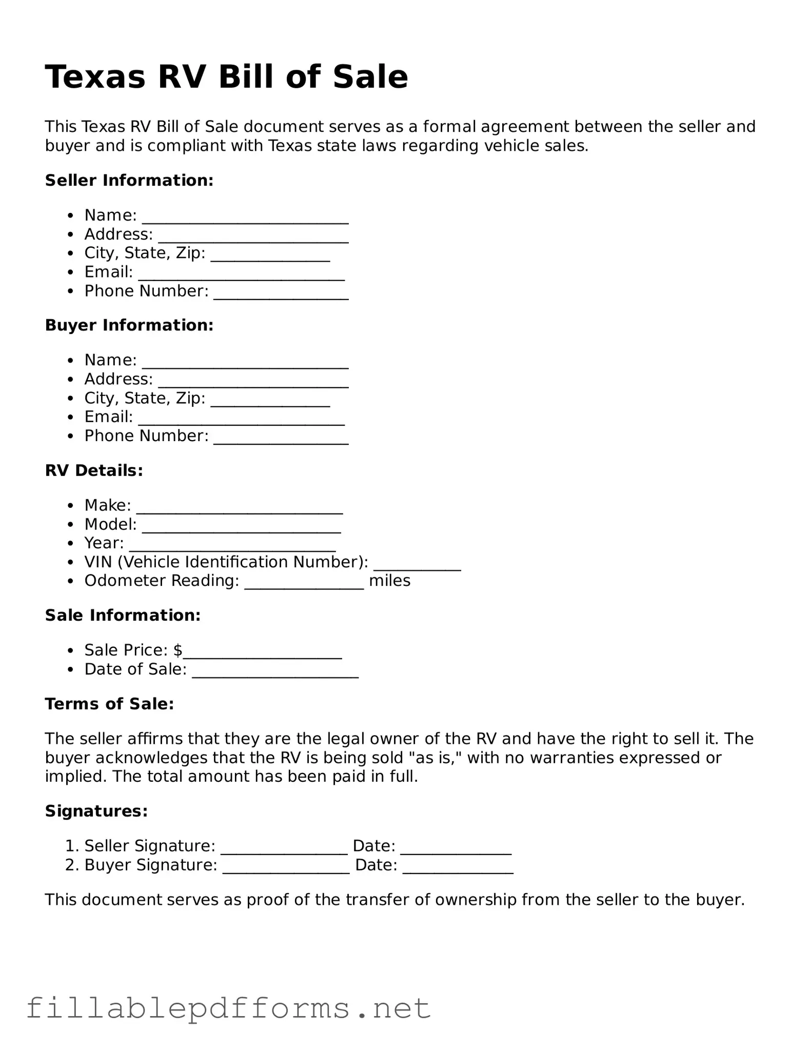 Attorney-Verified RV Bill of Sale Form for Texas State