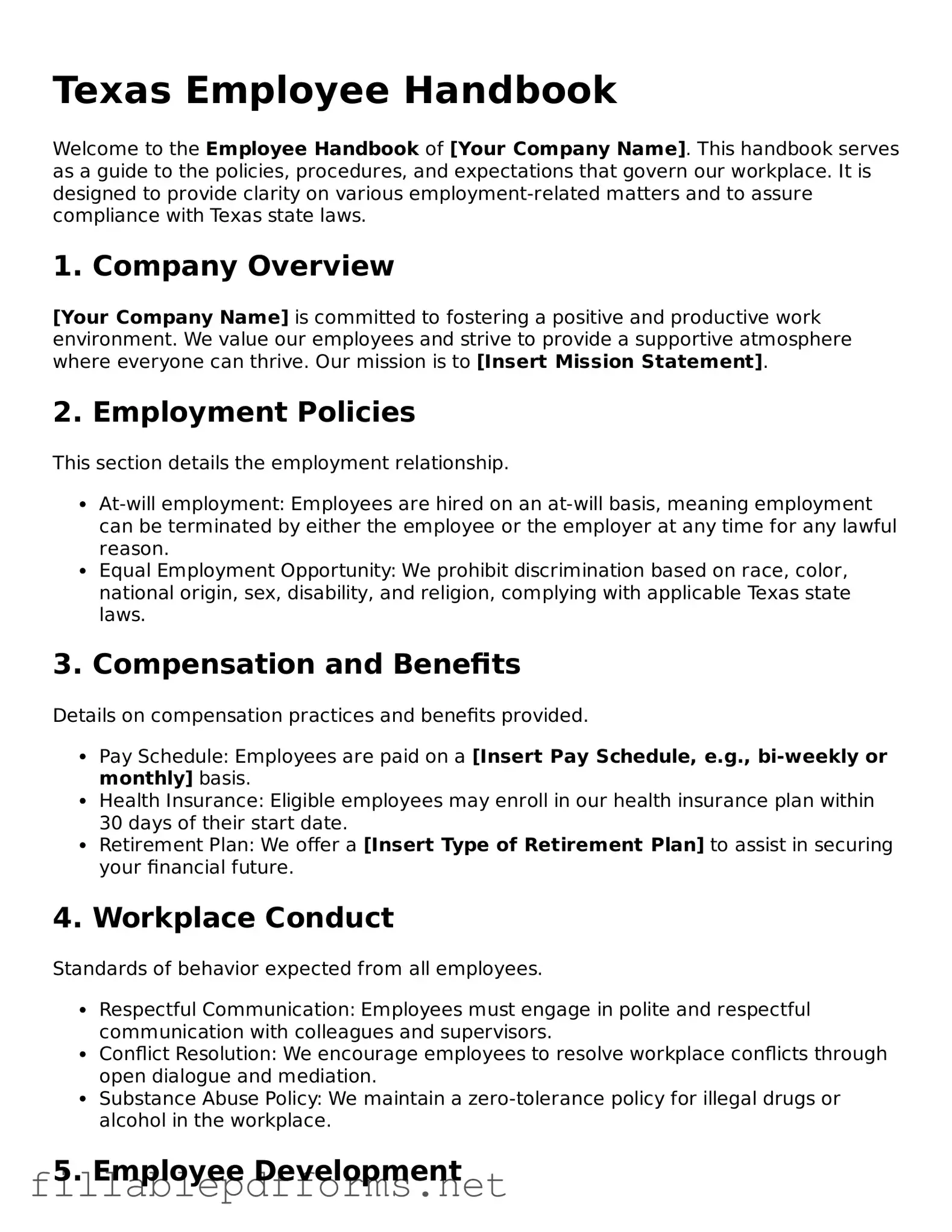 Attorney-Verified Employee Handbook Form for Texas State