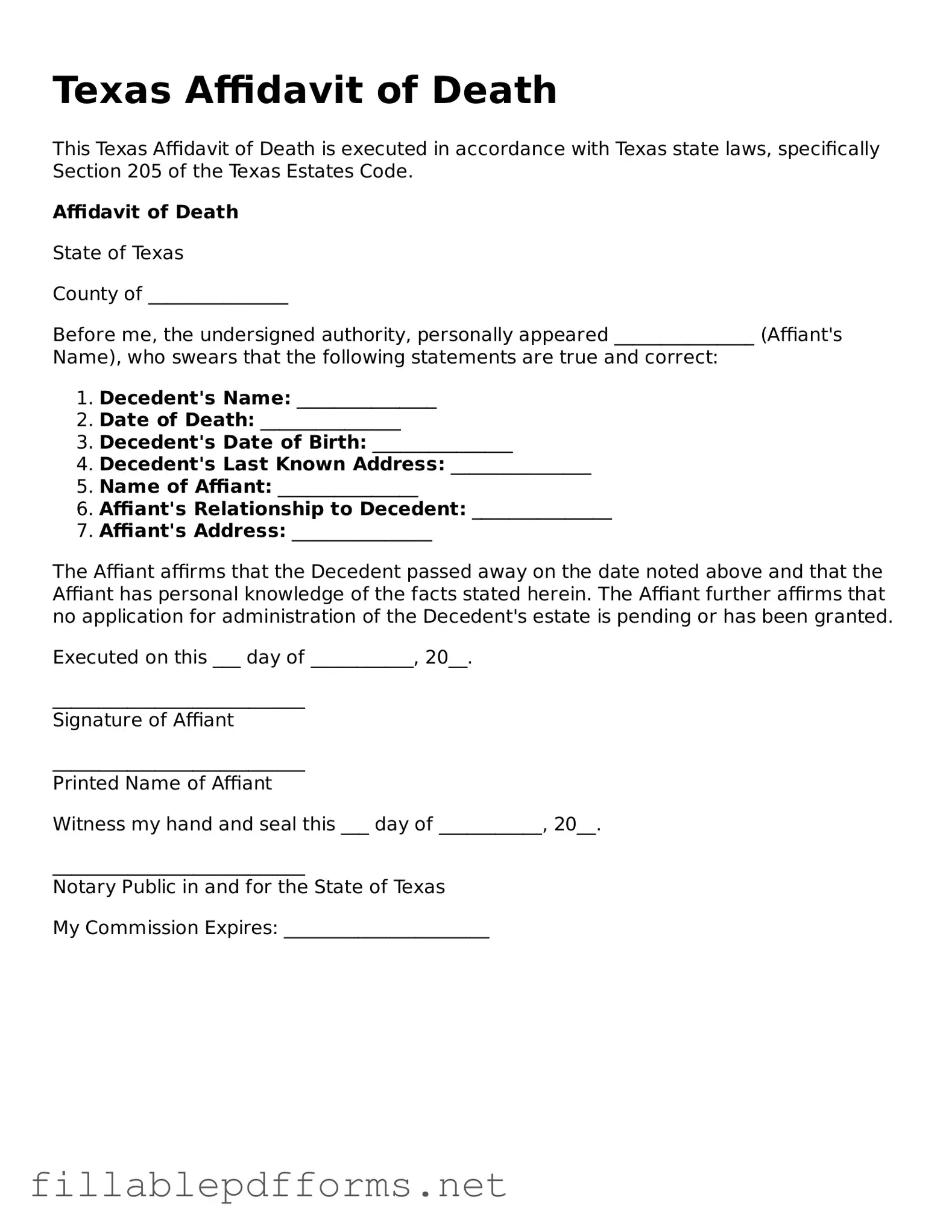 Attorney-Verified Affidavit of Death Form for Texas State