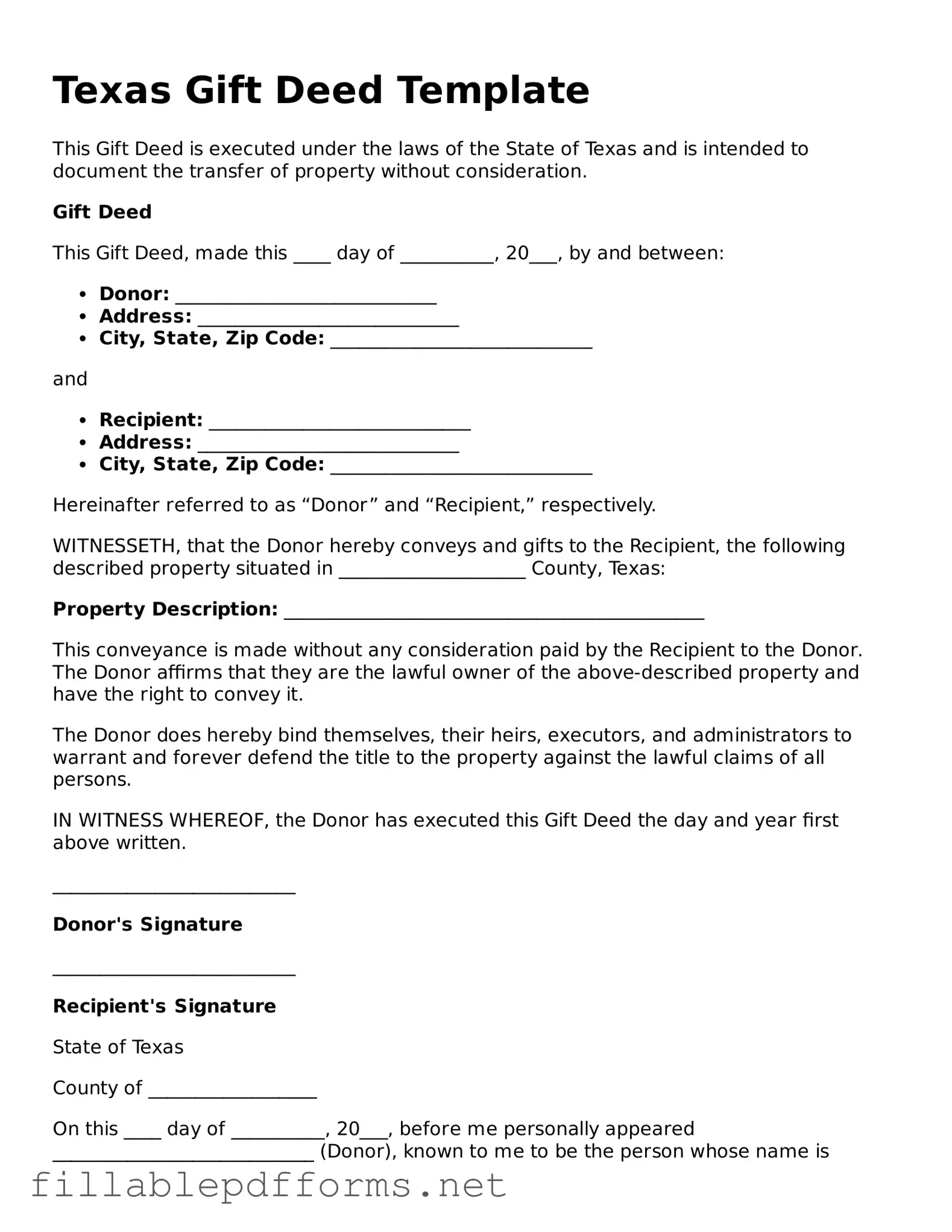 Attorney-Verified Gift Deed Form for Texas State