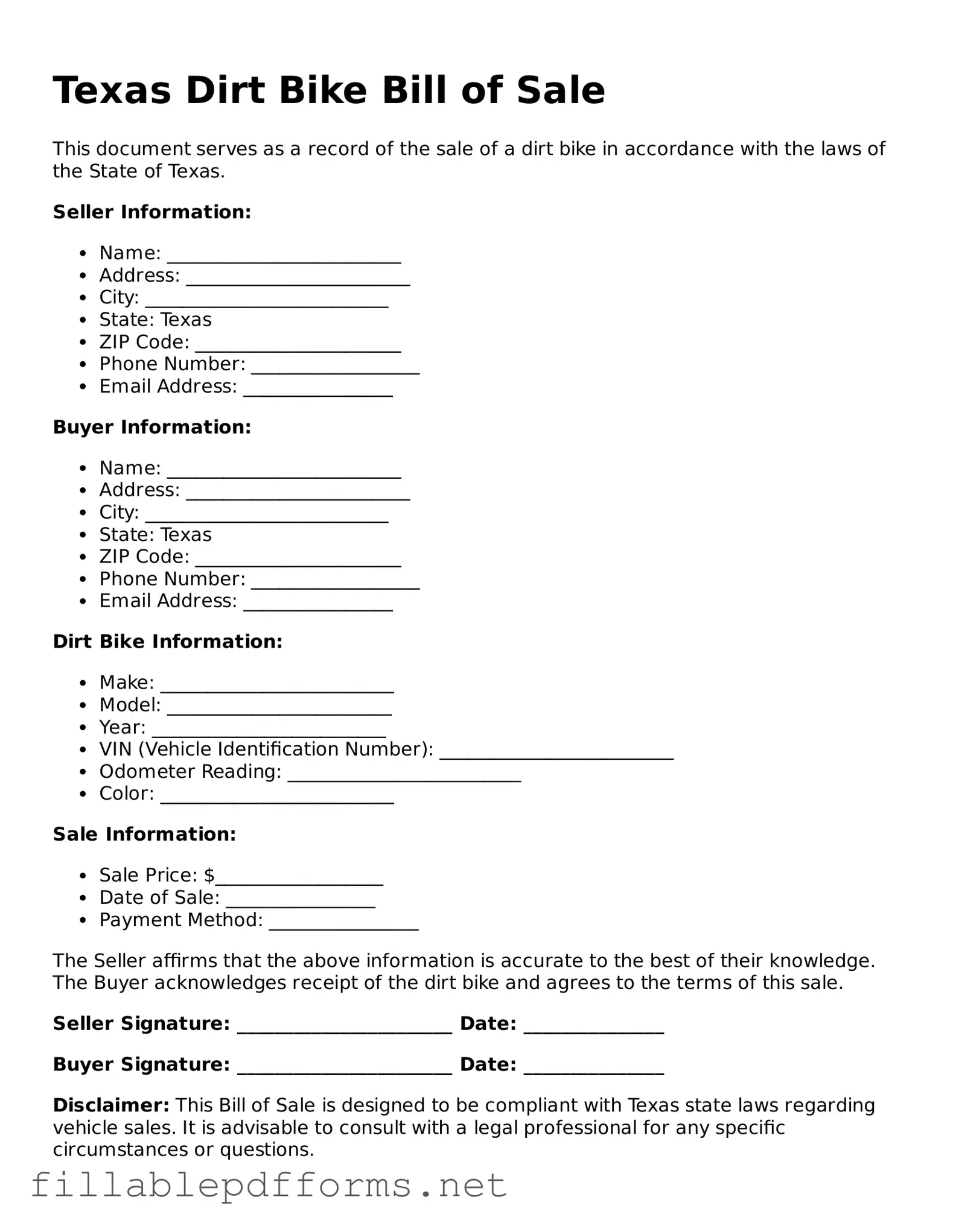 Attorney-Verified Dirt Bike Bill of Sale Form for Texas State