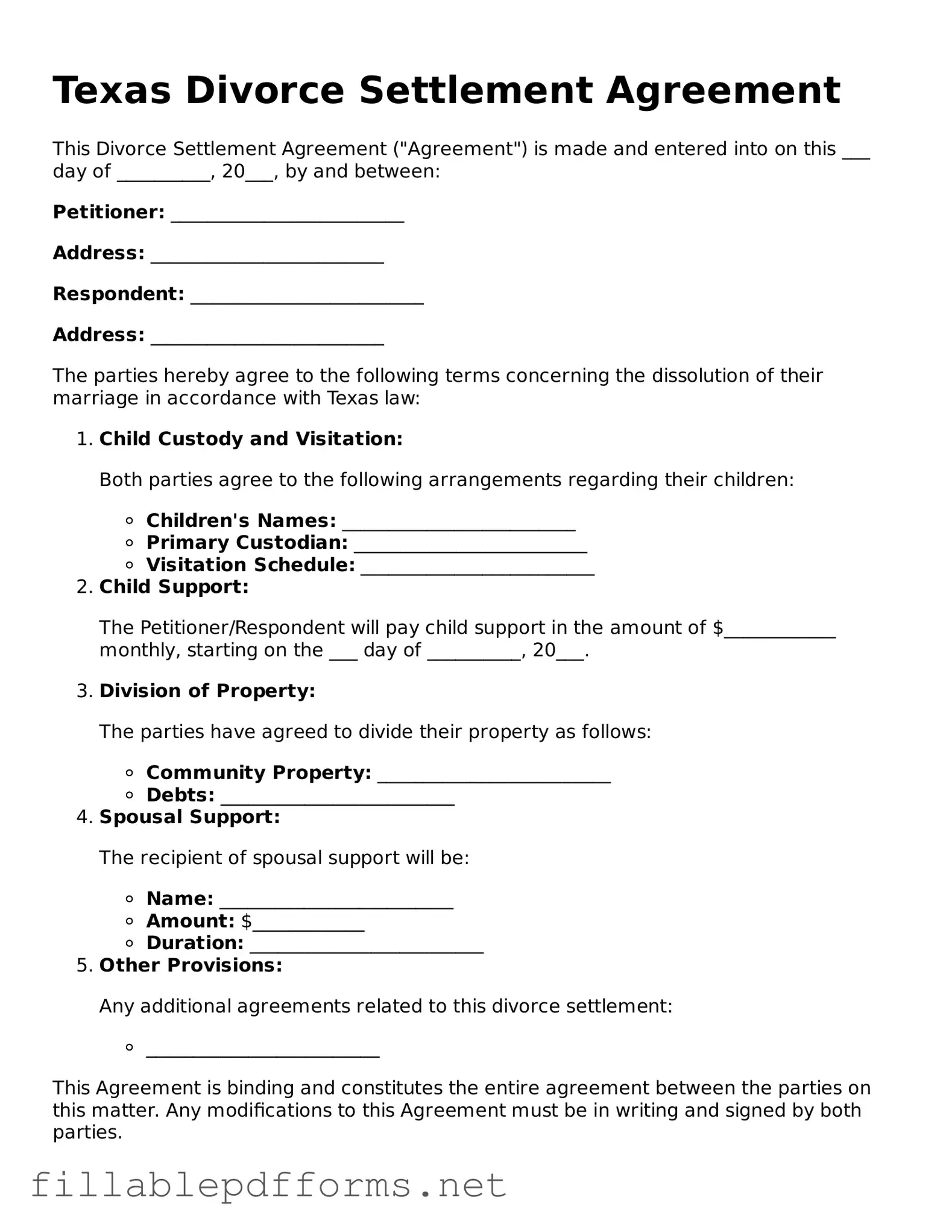 Attorney-Verified Divorce Settlement Agreement Form for Texas State