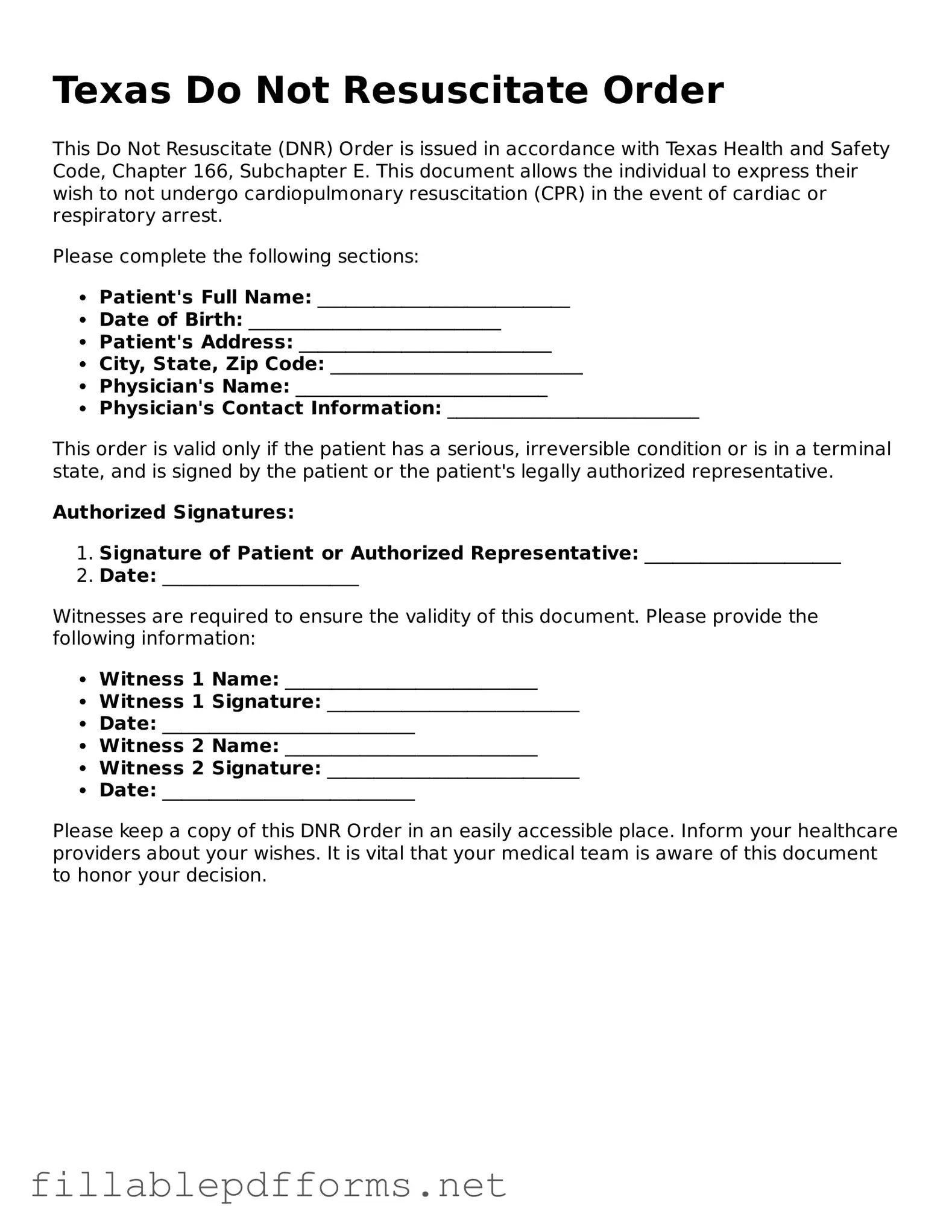 Attorney-Verified Do Not Resuscitate Order Form for Texas State