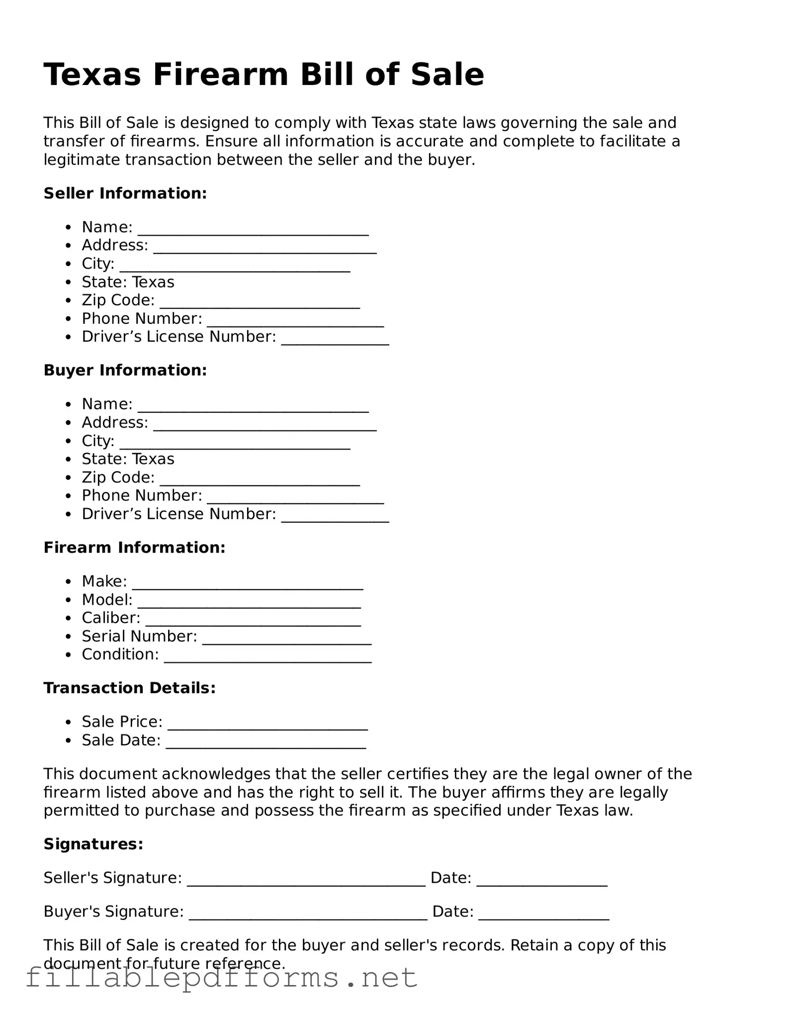 Attorney-Verified Firearm Bill of Sale Form for Texas State