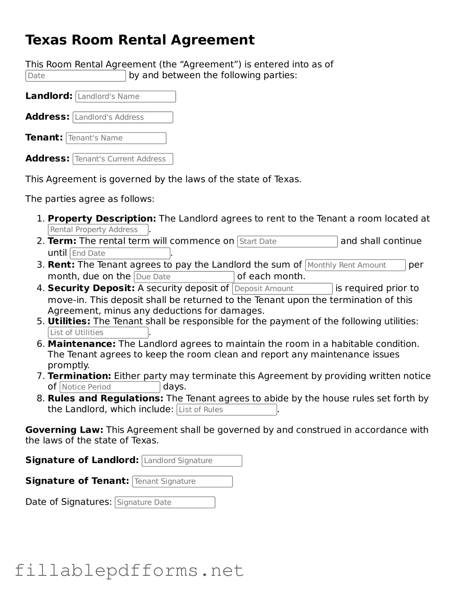 Attorney-Verified Room Rental Agreement Form for Texas State