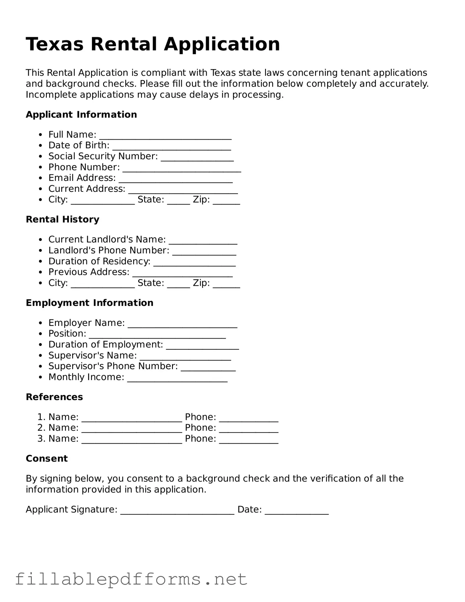 Attorney-Verified Rental Application Form for Texas State