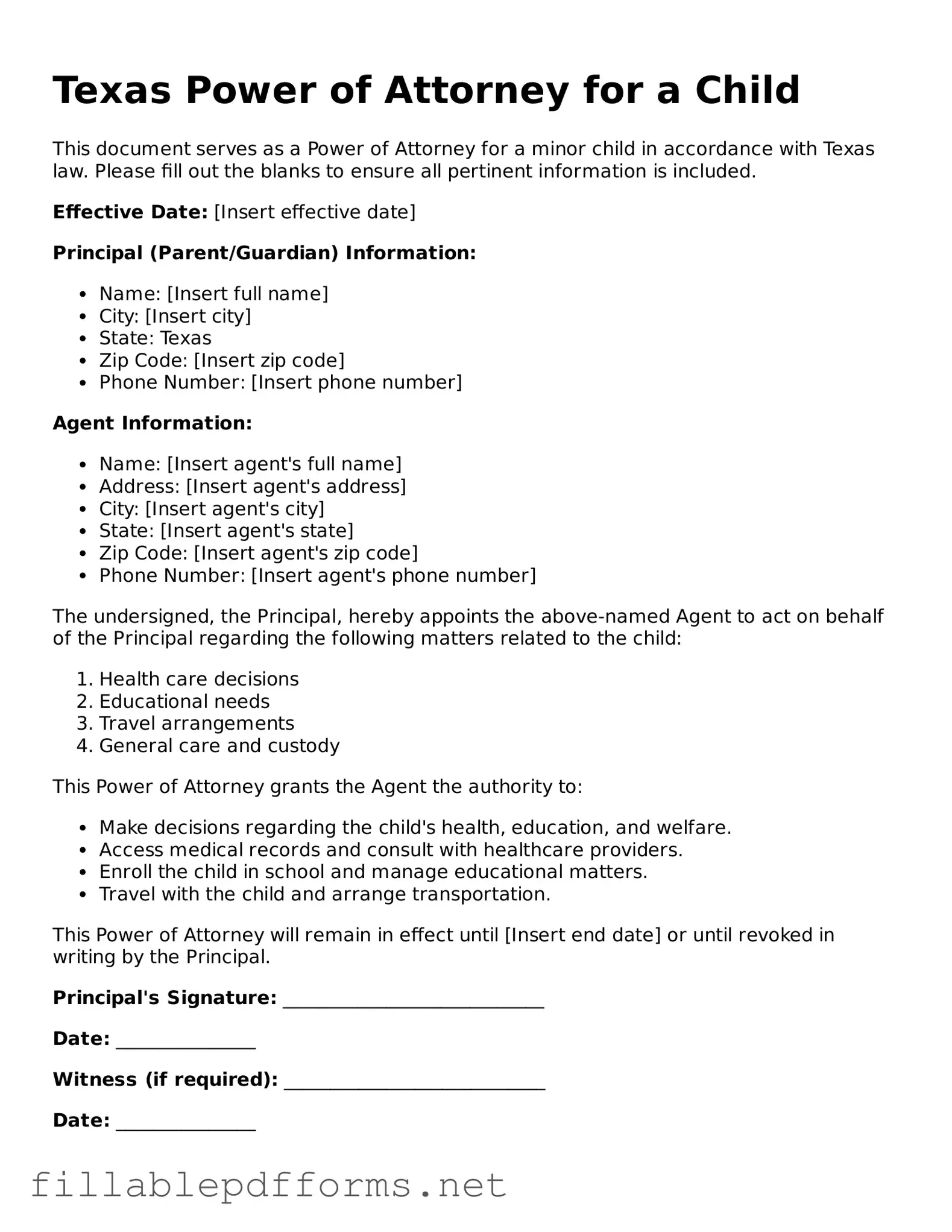 Attorney-Verified Power of Attorney for a Child Form for Texas State