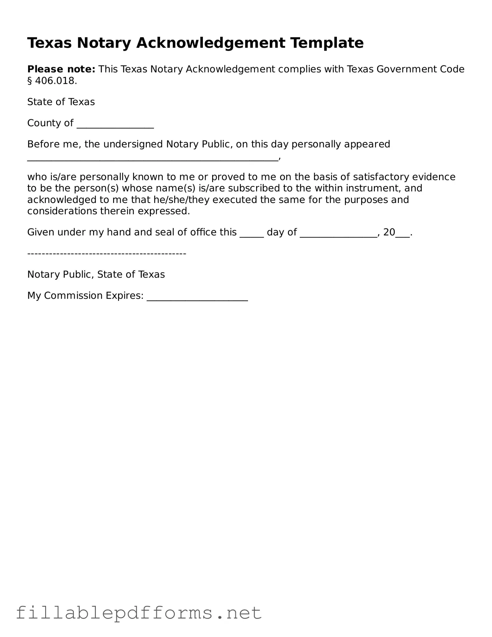 Attorney-Verified Notary Acknowledgement Form for Texas State