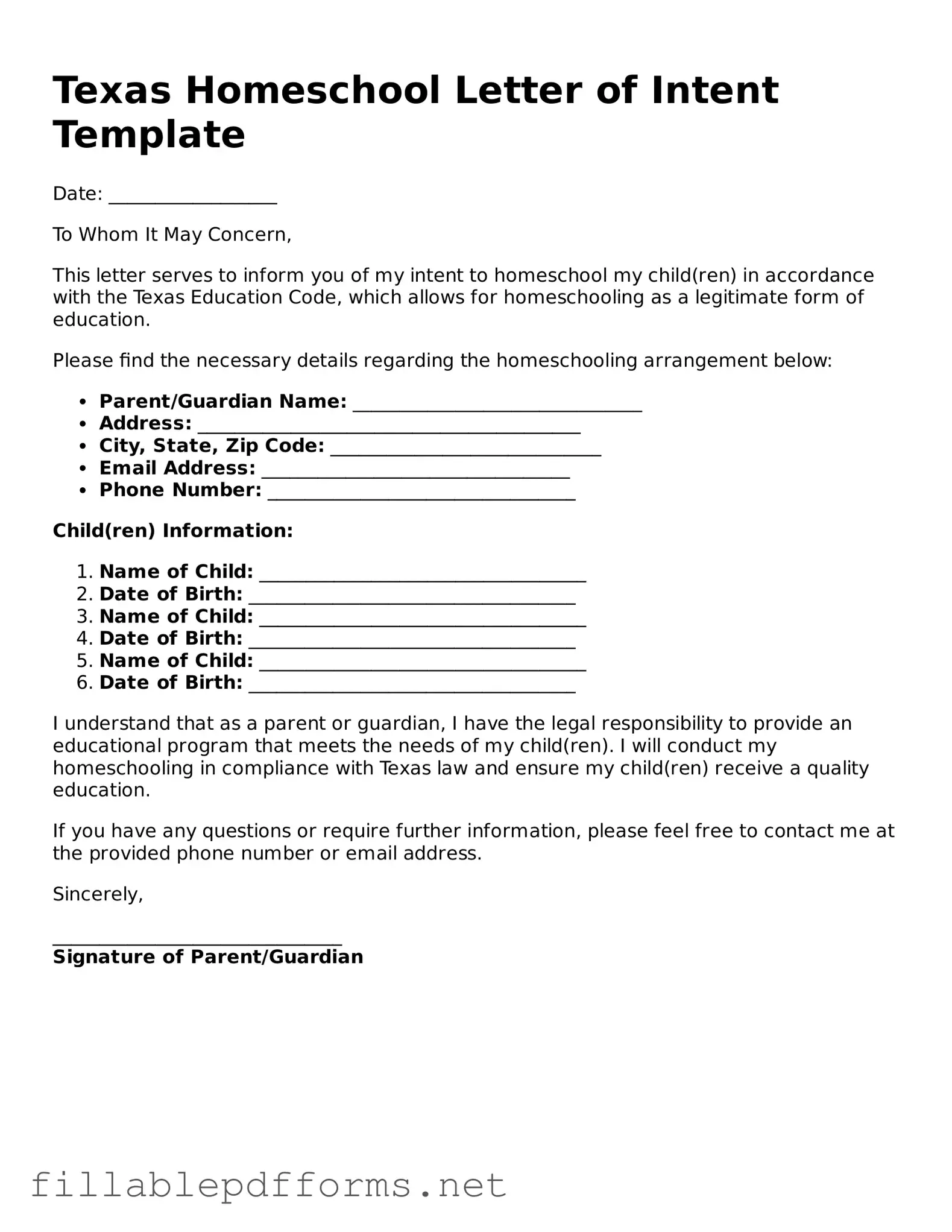 Attorney-Verified Homeschool Letter of Intent Form for Texas State