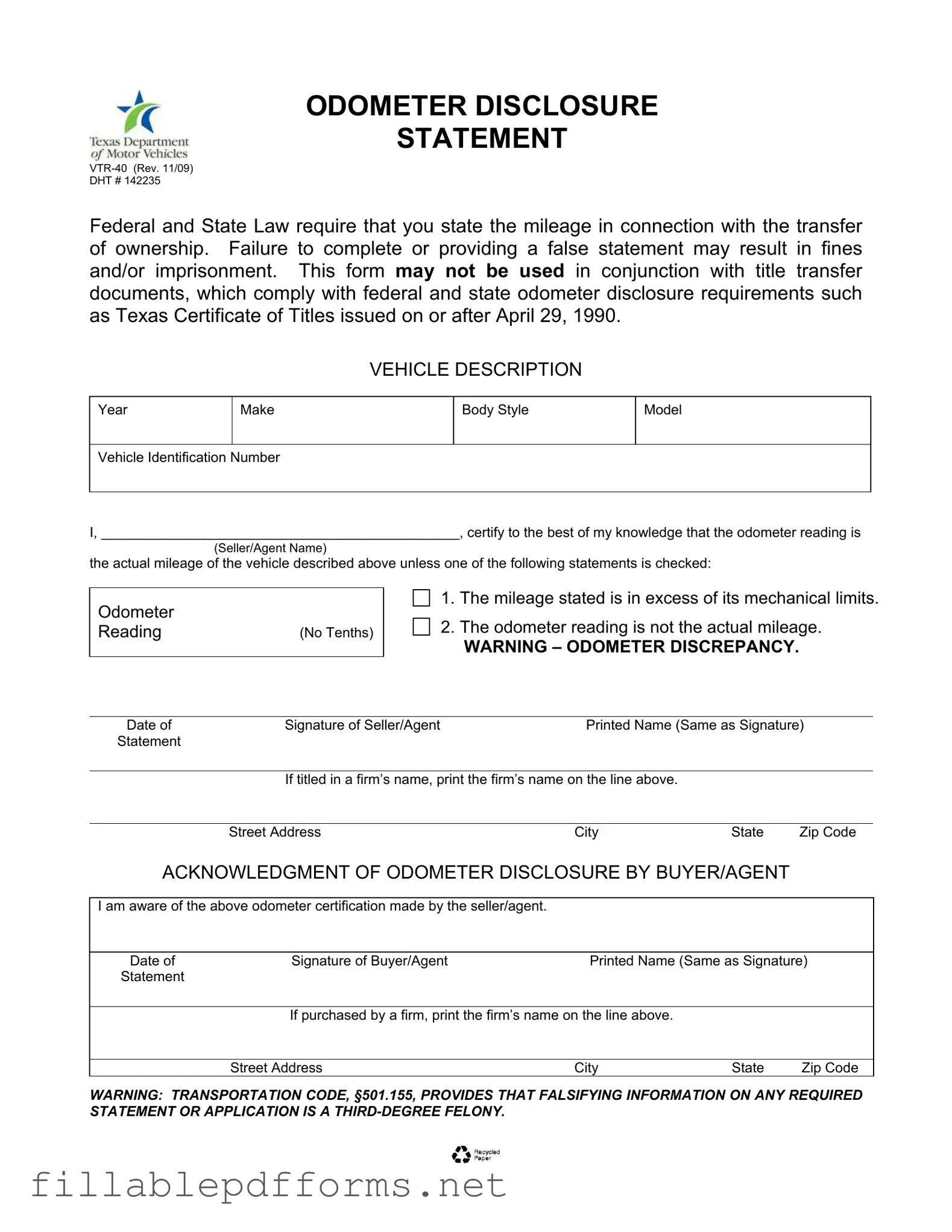 Texas Odometer Statement PDF Template