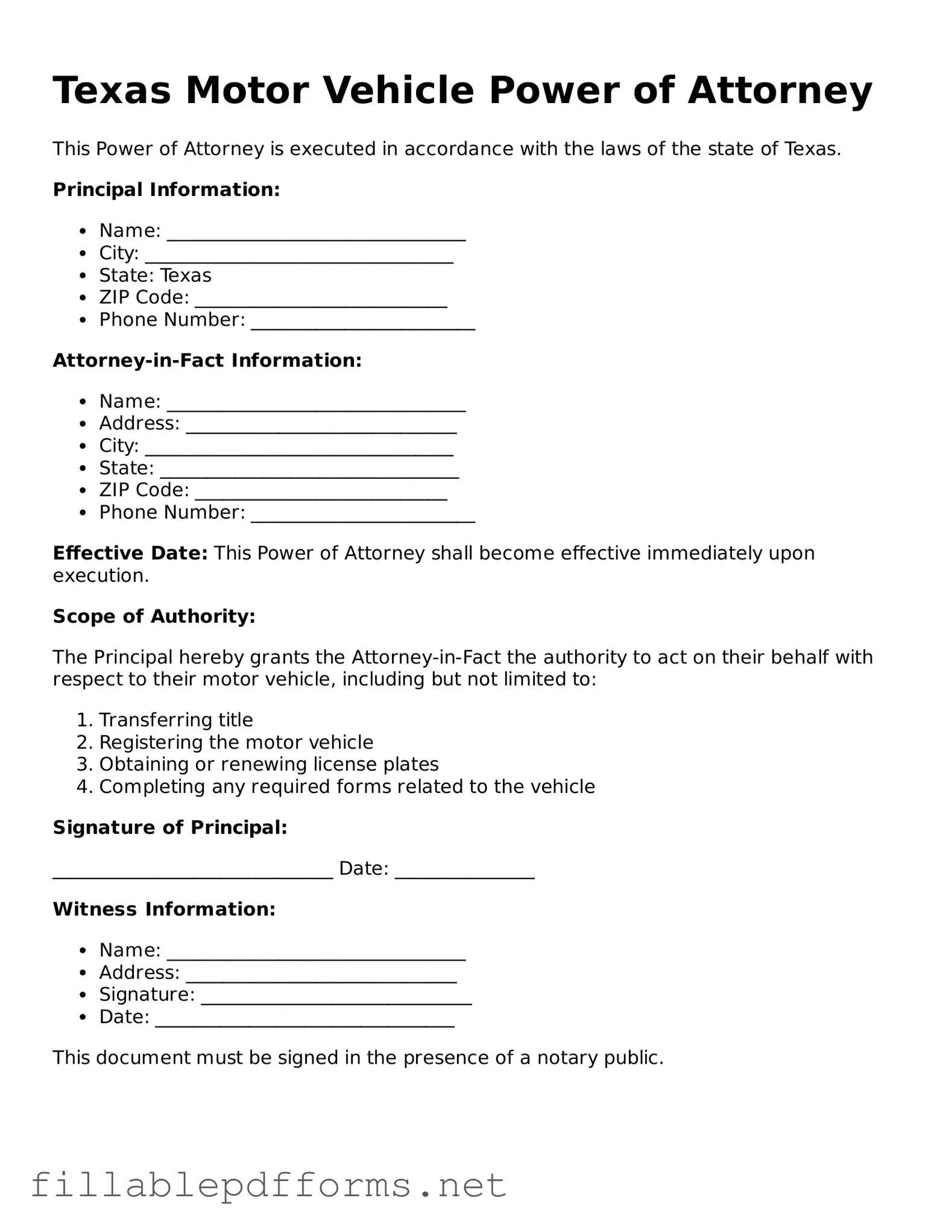 Attorney-Verified Motor Vehicle Power of Attorney Form for Texas State